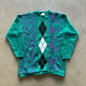 Vintage 90s Nan Dorsey Geometric Sweater Size Medium Green USA‎ Made Pullover